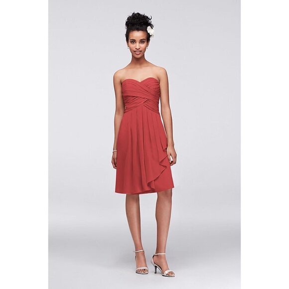 NEW David’s Bridal Short Crinkle Chiffon Dress Front Cascade Guava F14847 Size 4 - Picture 1 of 10